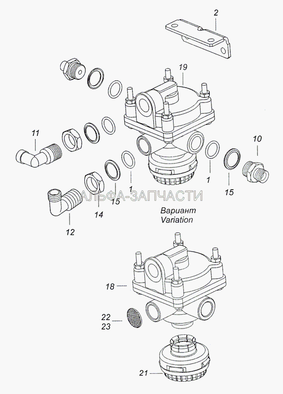 4308-3500018-20 Ускорительный клапан с соединительной арматурой (2233-3518010-20 Клапан ускорительный с глушителем) 